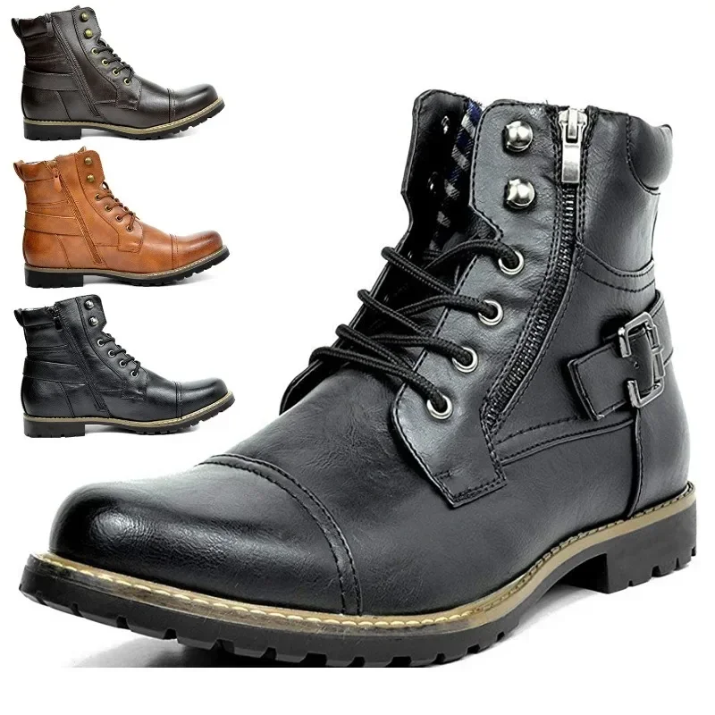 High Top Men Boots Metal Double Zipper Boots for Men Leather Punk Ankle Boots Retro Man Motorcycle Boot Zapatos Para Hombres