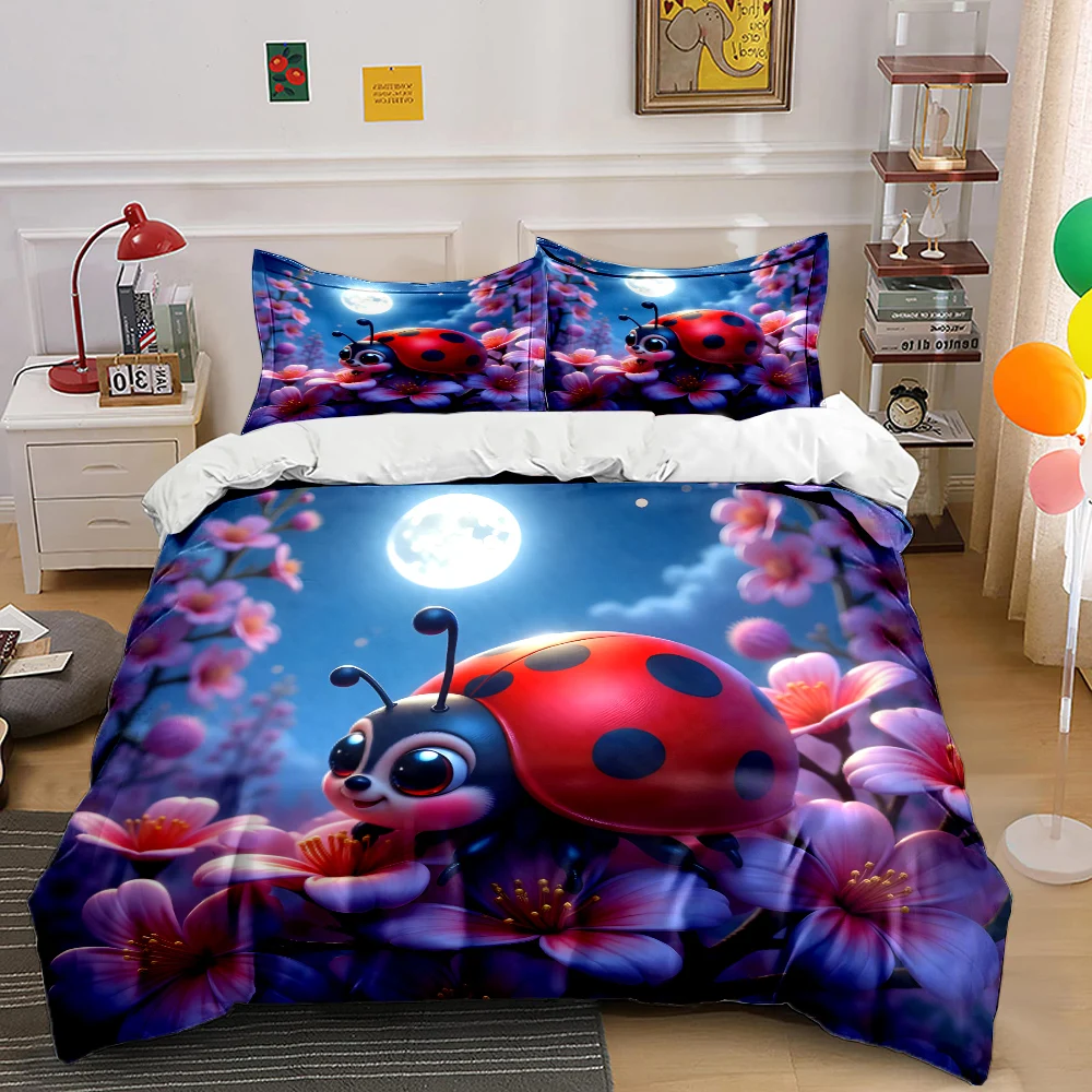 Ladybug on cherry blossoms moonlit night Pattern Duvet Cover Set Digital Print Colorful Polyester Bedding with Zipper Closur