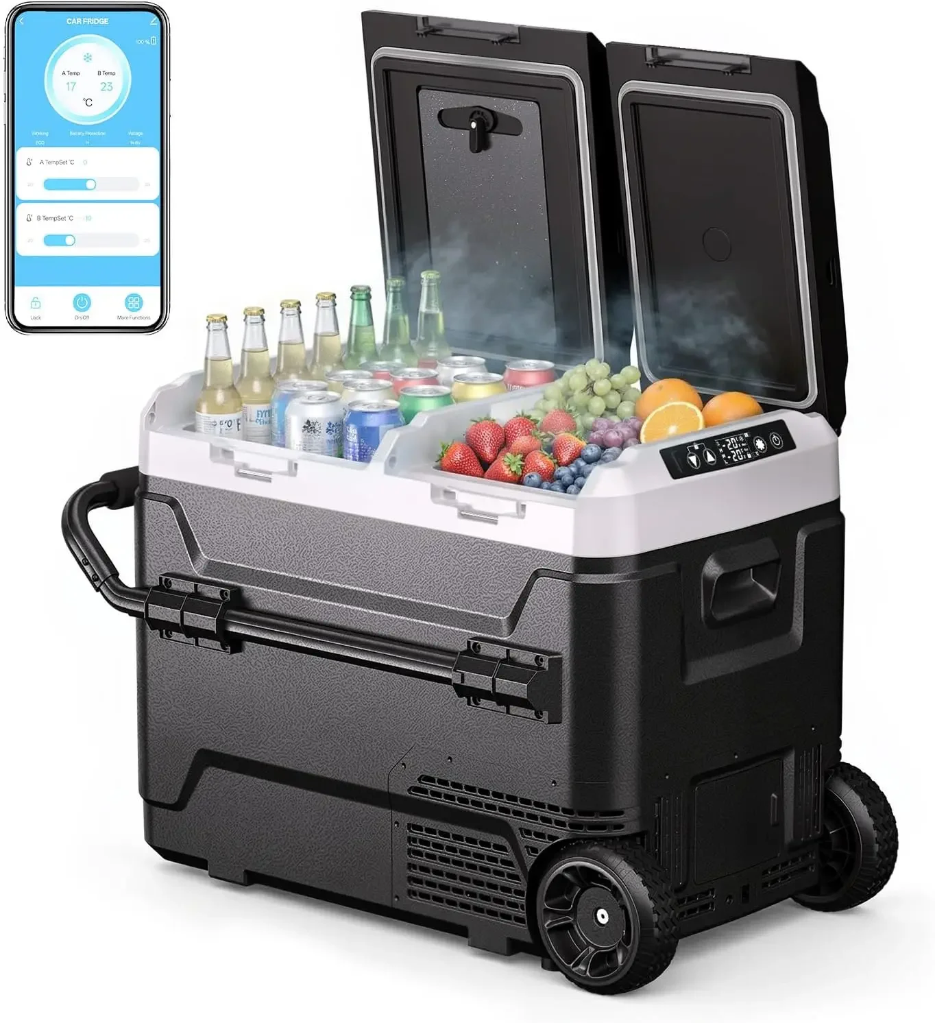 53QT Dual Zone Car Refrigerator 12V -4°F~68°F Independent Temperature Control Portable Freezer with Wheels & Handle 12/24V DC