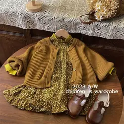 Girls' Baby Autumn Set 2023 Spring New Children's Flower Dress Sweater Knitted Cardigan Two Piece Set