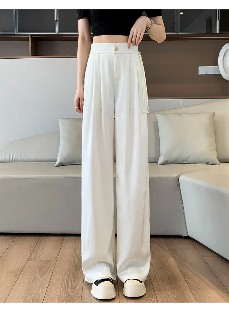 XIZOU 새로운 중국 스타일 자카드 와이드 레그 새틴 바지 여성용 우아한 솔리드 오피스 레이디 여성 캐주얼 루즈 팬츠