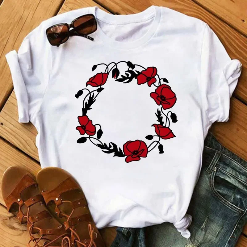 Ladies T Shirt Red Poppy Abstract Print Women T Shirt Summer Casual Tops Short Sleeve T-shirt O Neck Tee Fashion Shirts