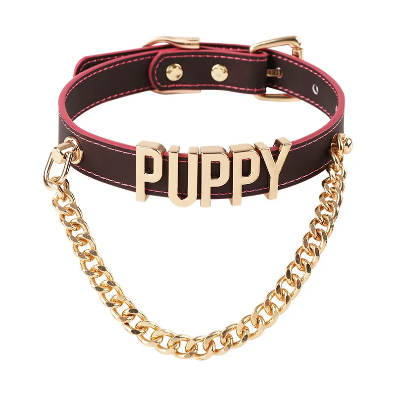 

Adult Games Gothic Punk Temperature Color Changing Choker Necklace, Black & Pink Faux Leather Collar Letters & Gold Chain