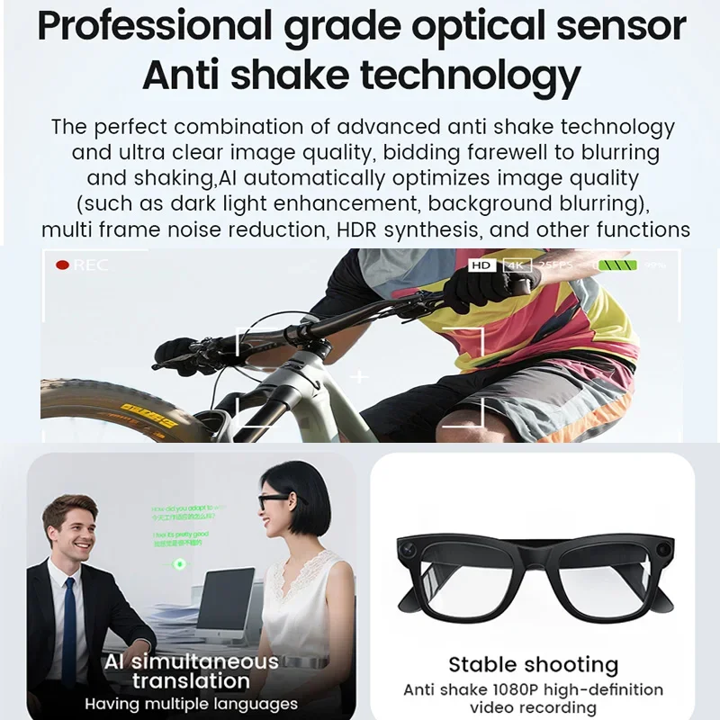 1080P HD 800W Camera Smart Glasses Video Record Translation AI Smart Touch Control Type-C Interface Smart Glasses Bluetooth Call