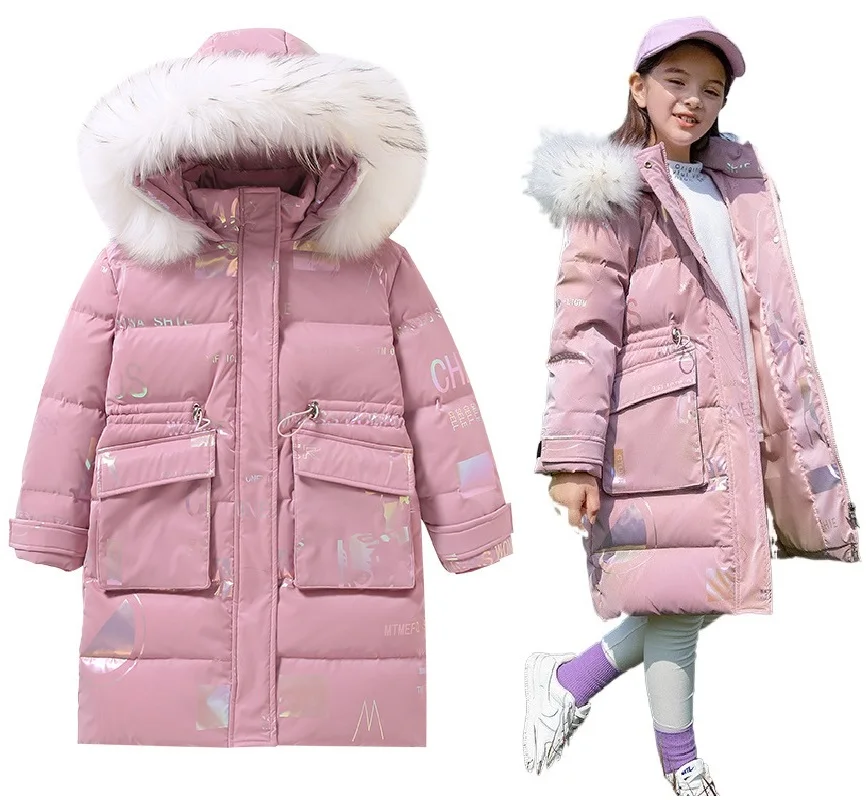 Keep Warm Winter Jacket Children's Long Coat Girls Waterproof Shiny Hooded Down Jacket Kids Thick Winter Clothes Parka Outerwear