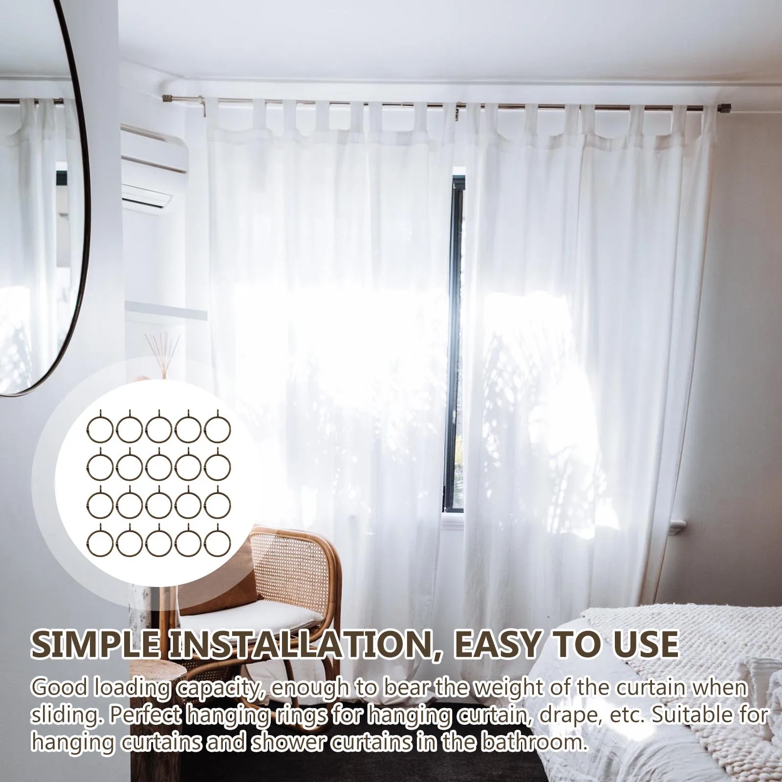 

20Pcs Iron Curtain Rings Heavy Duty Smooth Sliding for Curtain Rods Drapes Roman Shades Bathroom Waterproof Hanging Circles