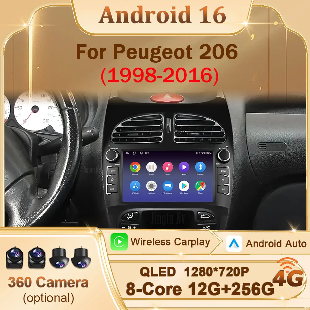 Pantalla HD Carplay Android para Peugeot 206 1998-2016, Radio para Auto, Reproductor Multimedia de Video, Pantalla Dividida, DSP Estéreo, Navegación GPS