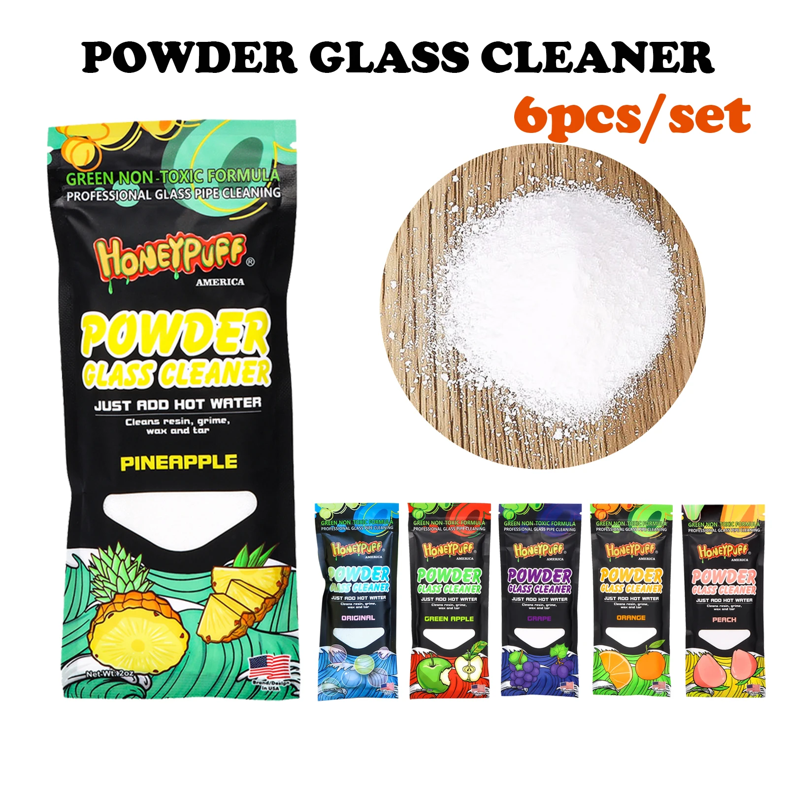 6pcs/set, 6 kinds of fruit scented glass cleaning powder set, Shisha glass cleaning, narrow mouth glass cleaner, straw cleaning,