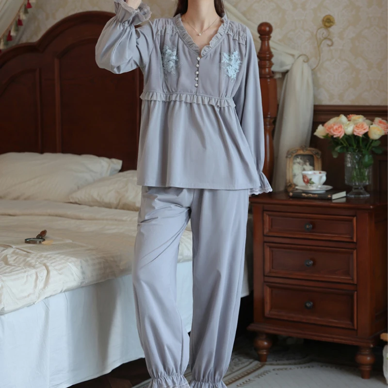 Autumn Cotton Tops Pants Loungewear Fairy Princess Sleepwear Vintage Long Sleeve Pajamas Women Sweet Lace Round Neck Pajama Sets