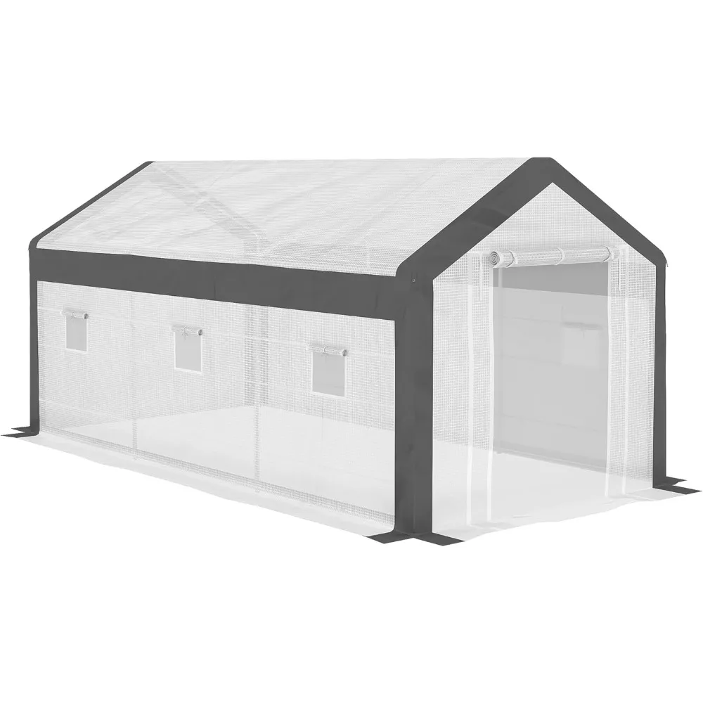 

20'x 10'x 9 'walk-in greenhouse with 6 rolling shutter windows, 2 zippered doors, and a windproof canopy for outdoor gardening