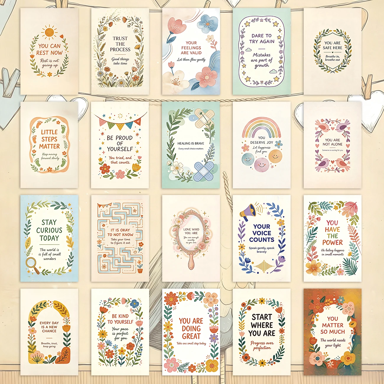 20 cartes postales d'affirmations motivantes pour stimuler la santé mentale. Convient pour le déjeuner
