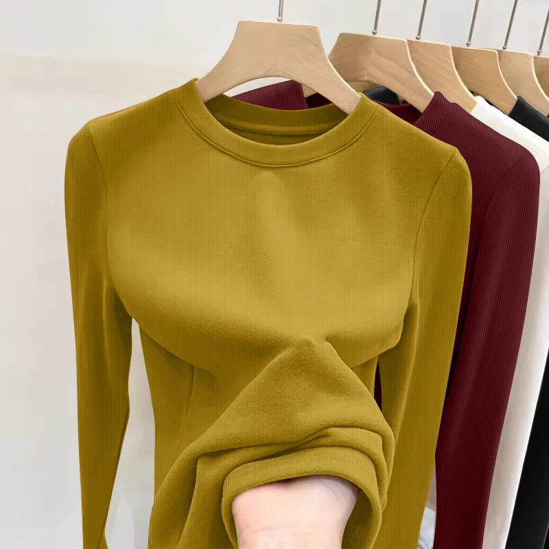 Early Autumn Long Sve Women's Base irt Ribbed Versatile Design Sensation Top High Collar Regular Length Pure Color T-irt