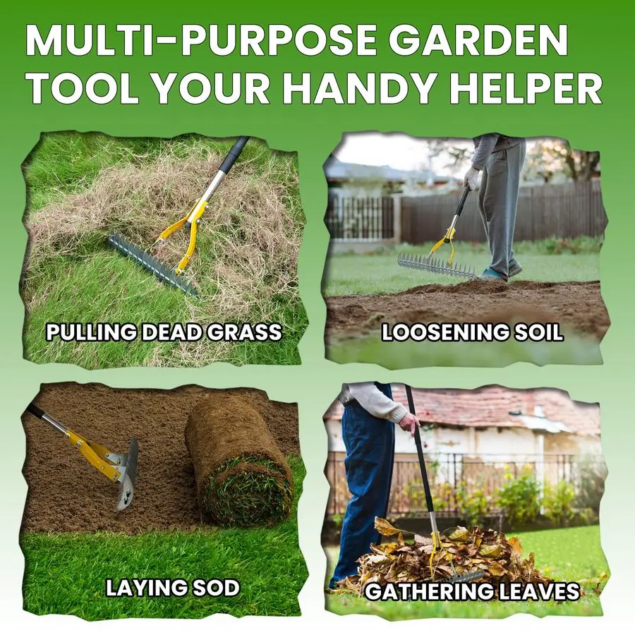 مشط للعشب بمقبض 74 بوصة، مشط ديتاتشر 15 بوصة لتنظيف العشب الميت، مشط معدني فولاذي فعال لـ Detha