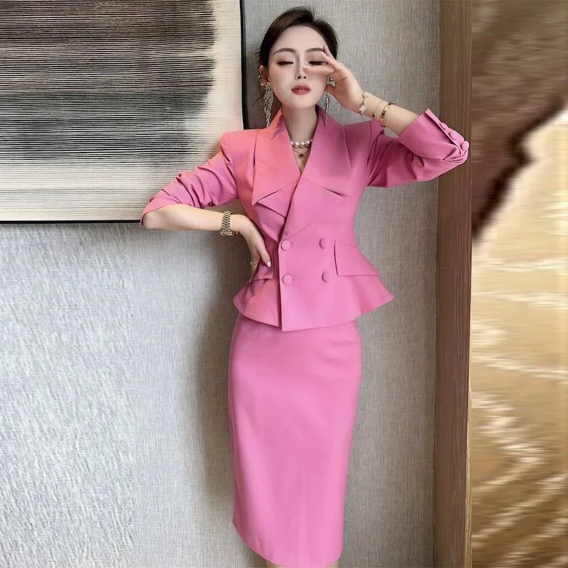 Insozkdg Casual Cutting Fashion Office Suit Double-breasted SLIM Blazer A Line Skirt Women Solid Color Two Piece Set for