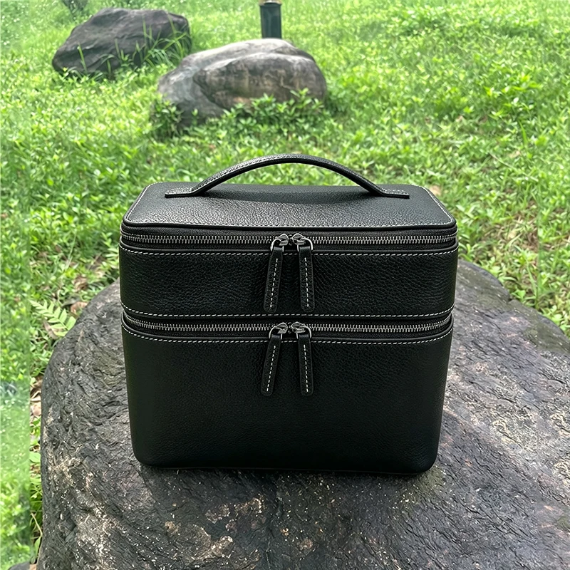 Double Layered Genuine Leather Makeup Bag Large Capacity Cosmetic Bag Travel Simple Portable Skincare Jewelry Storage Box