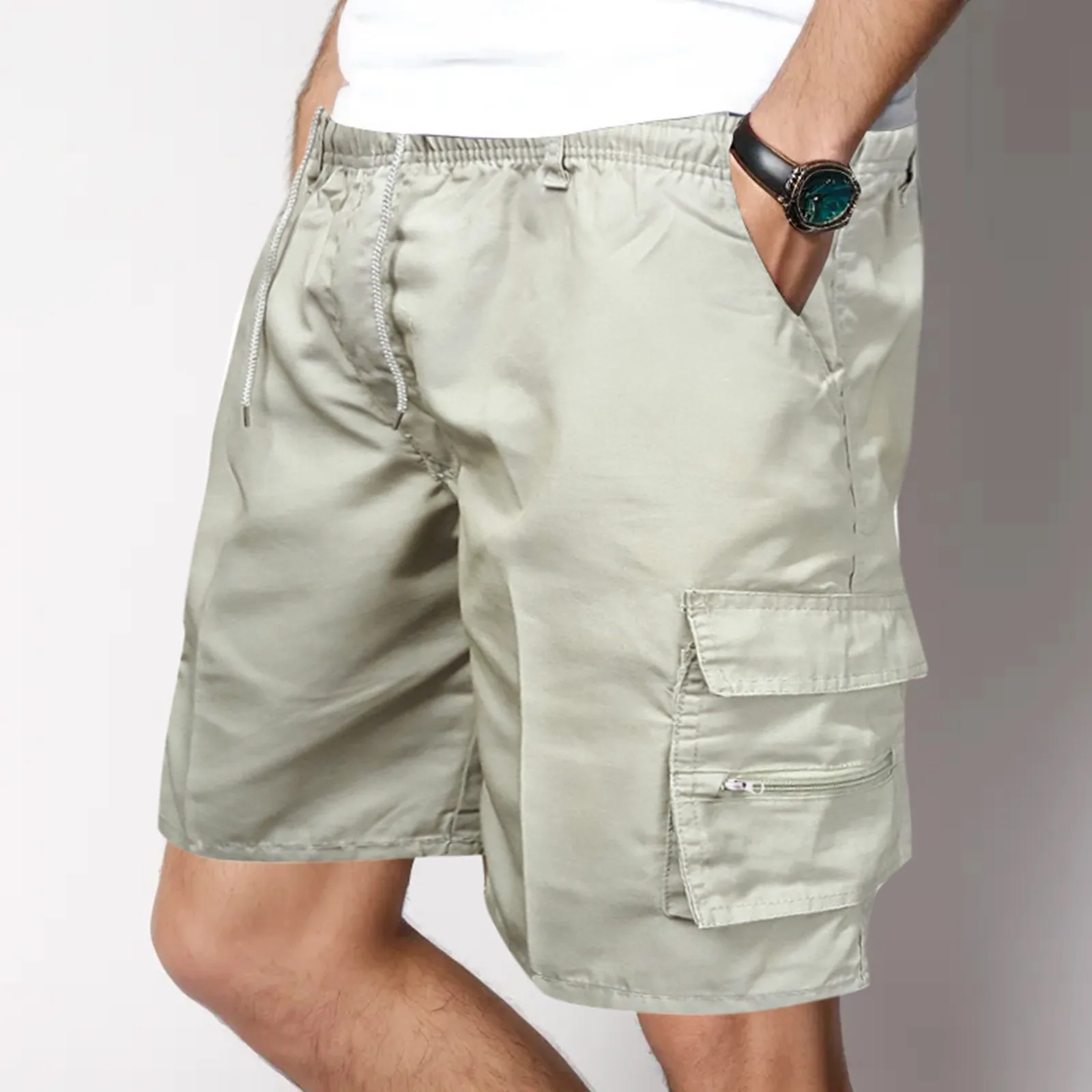 Summer White Cargo Short For Men Casual Drawstring Solid Pocket Tooling Shorts Outdoor Lightweight Sports Jogging Men's Shorts