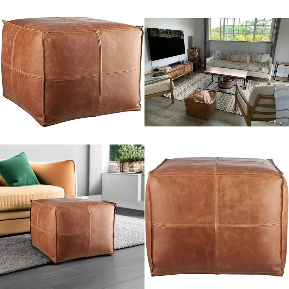 

handcrafted moroccan leather pouf, unstuffed, boho style, 18"x18"x14" for living spaces