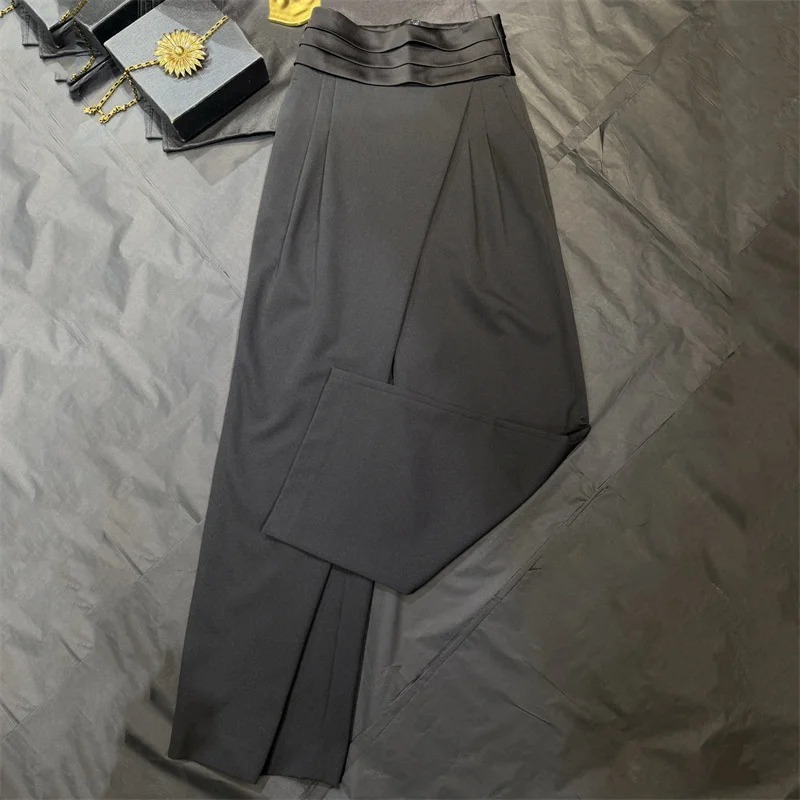 Women's pants New high waisted slim fit straight leg pants for spring 2026 Satin patchwork wide leg pants Asymmetric trousers