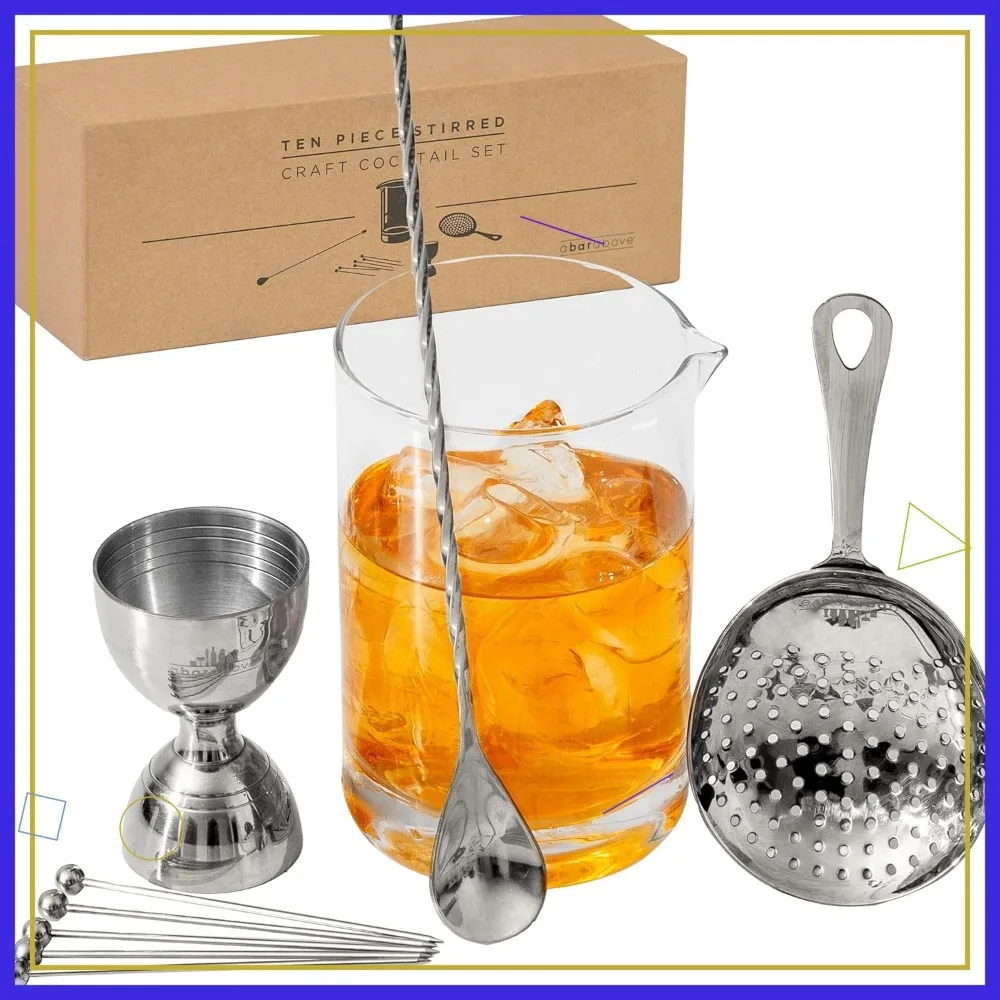 

10-Piece Cocktail Mixing Glass Set with Bar Spoon, Strainer, Jigger & Picks - Ideal for Martinis, Whiskey & Negronis