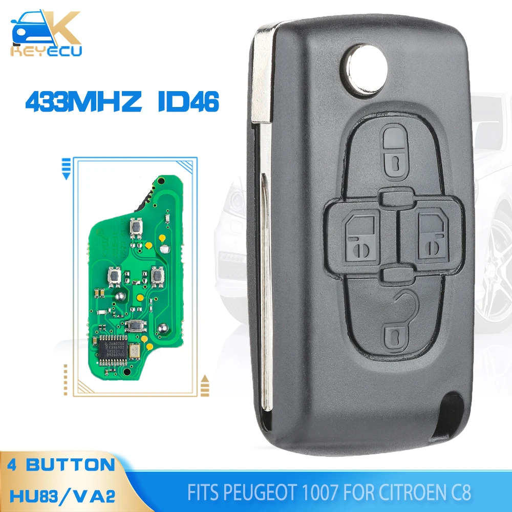 

KEYECU Flip Remote key 4 Button ASK 433MHz PCF7961A ID46 Chip for Peugeot 1007 for Citroen C8 HU83 / VA2 Blade