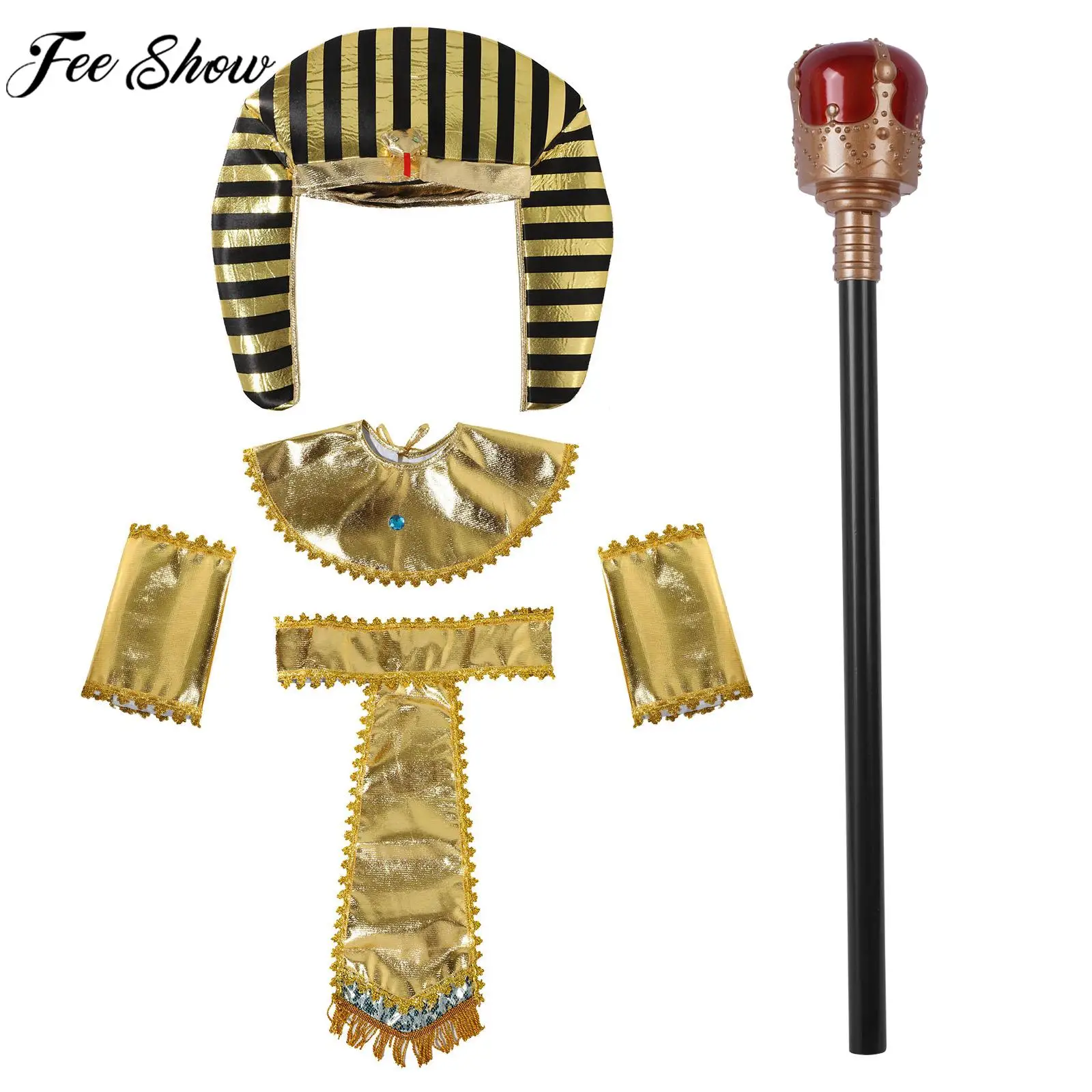 

Adult Halloween Egyptian Pharaoh King God Cleopatra Godness Cosplay Costume Prop Luxury Gold Trim Shiny Decoration Accessories