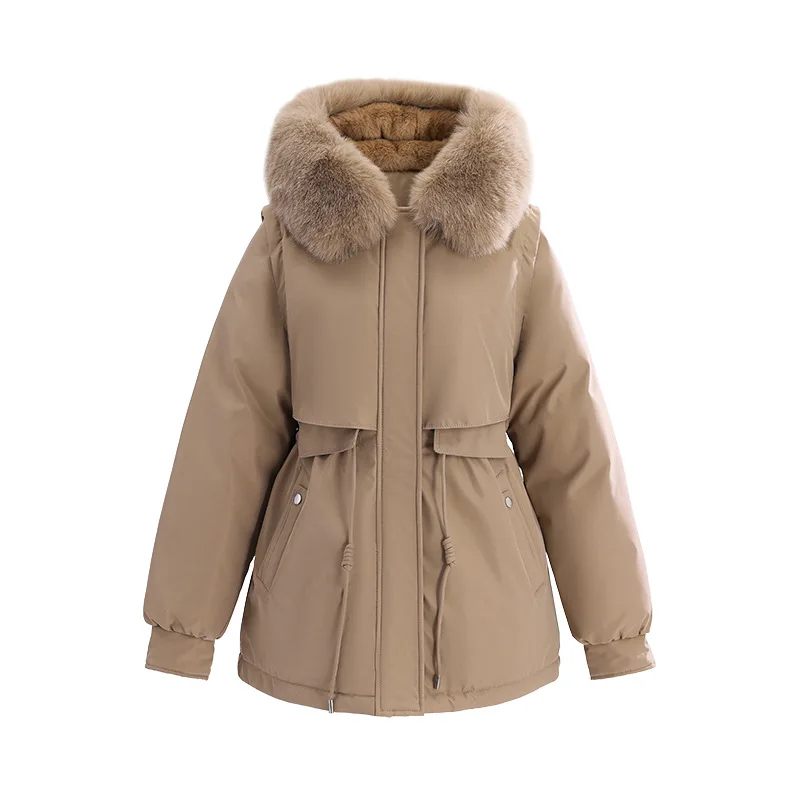 Winter Women Hooded Fleece Parkas Coats Mid Lenth Jackets Fur Collar Zipper Drawstring Detachable Long Sleeves Cotton Outerwear