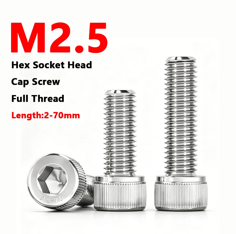 M2.5 304 Stainless Steel A2-70 External Hex Head Bolt DIN933 Metric Full Thread Hexagon Screw Bolts Length: 2-70mm 10-200pcs