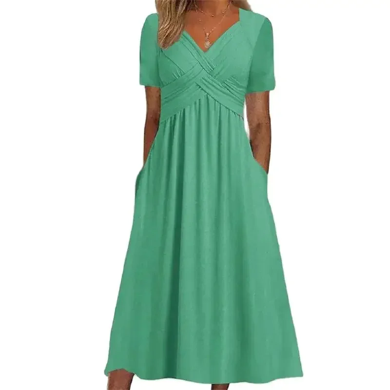 New Crossover Splice V Neck Wrap Bust Dresses Women Summer Short Sleeve Dress Female Casual Solid Color Double Pocket Long Gown