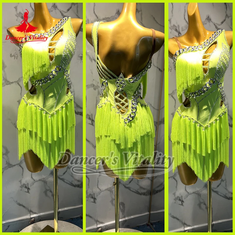 

Флуоресцентно-желтая юбка с бахромой для латинских танцев, профессиональная юбка с бахромой, наряд для международного чемпионата чача-самбы по индивидуальному заказу