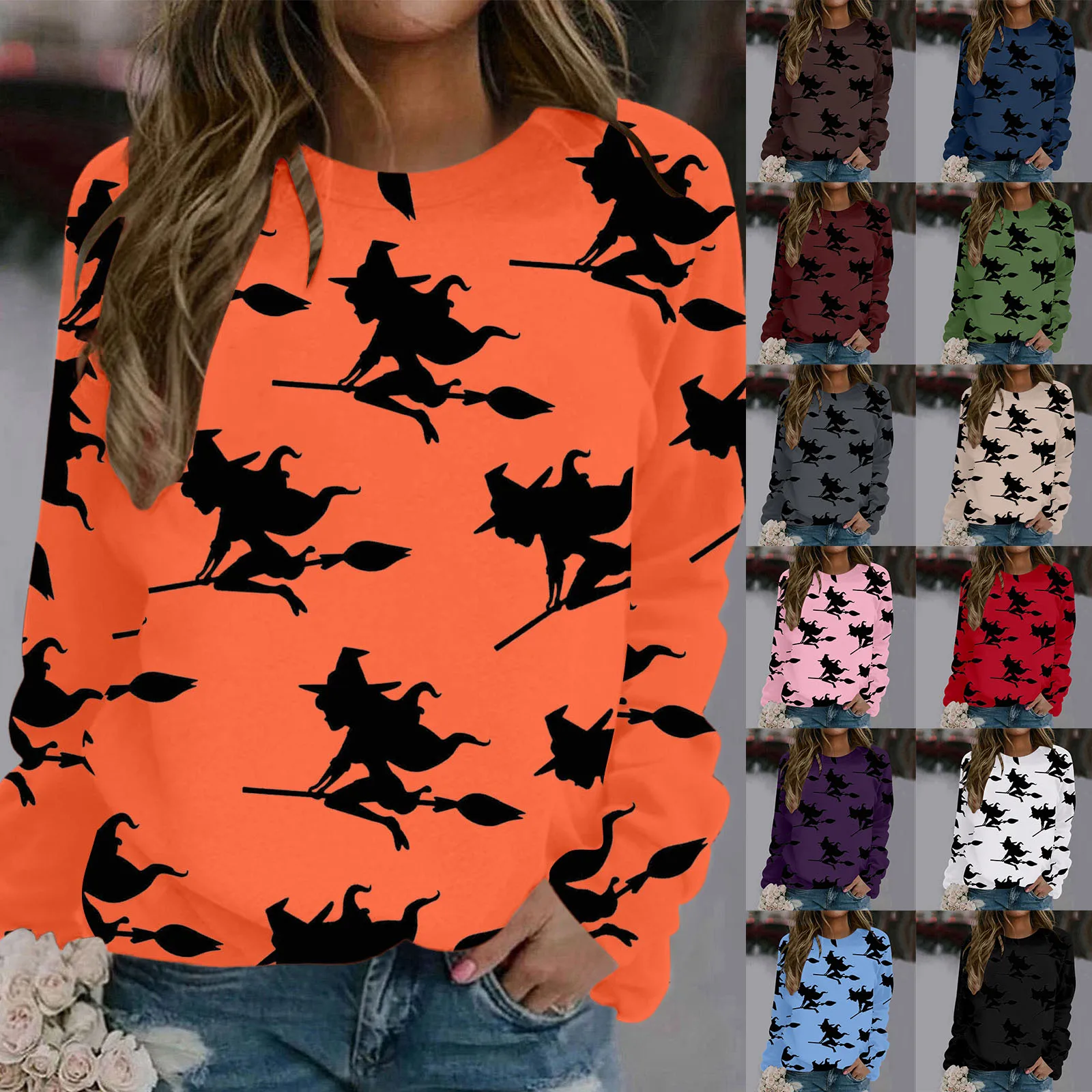 Sudadera con capucha con estampado de mago de Halloween para mujer, Jersey informal suelto de manga con cuello redondo, sudadera con estampado lindo, Tops ligeros de moda