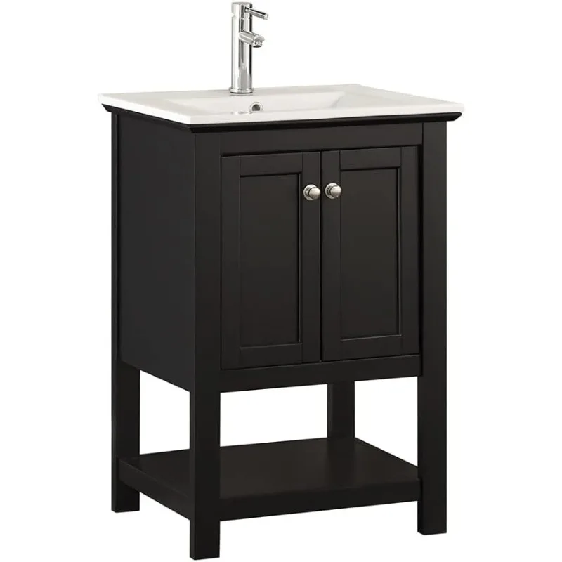 Manchester 24 Inch Black Bathroom Open Vanity with Storage Shelf - Countertop & Ceramic Sink with Cabinets - Faucet Not Included