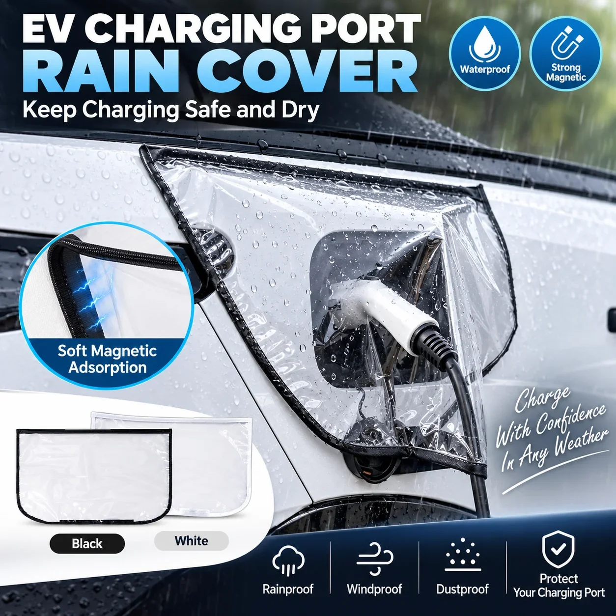 Waterproof Dust‑Proof EV Charger Rain Shield Universal Electric Car Charging Port Protective Cover with Black White Colors