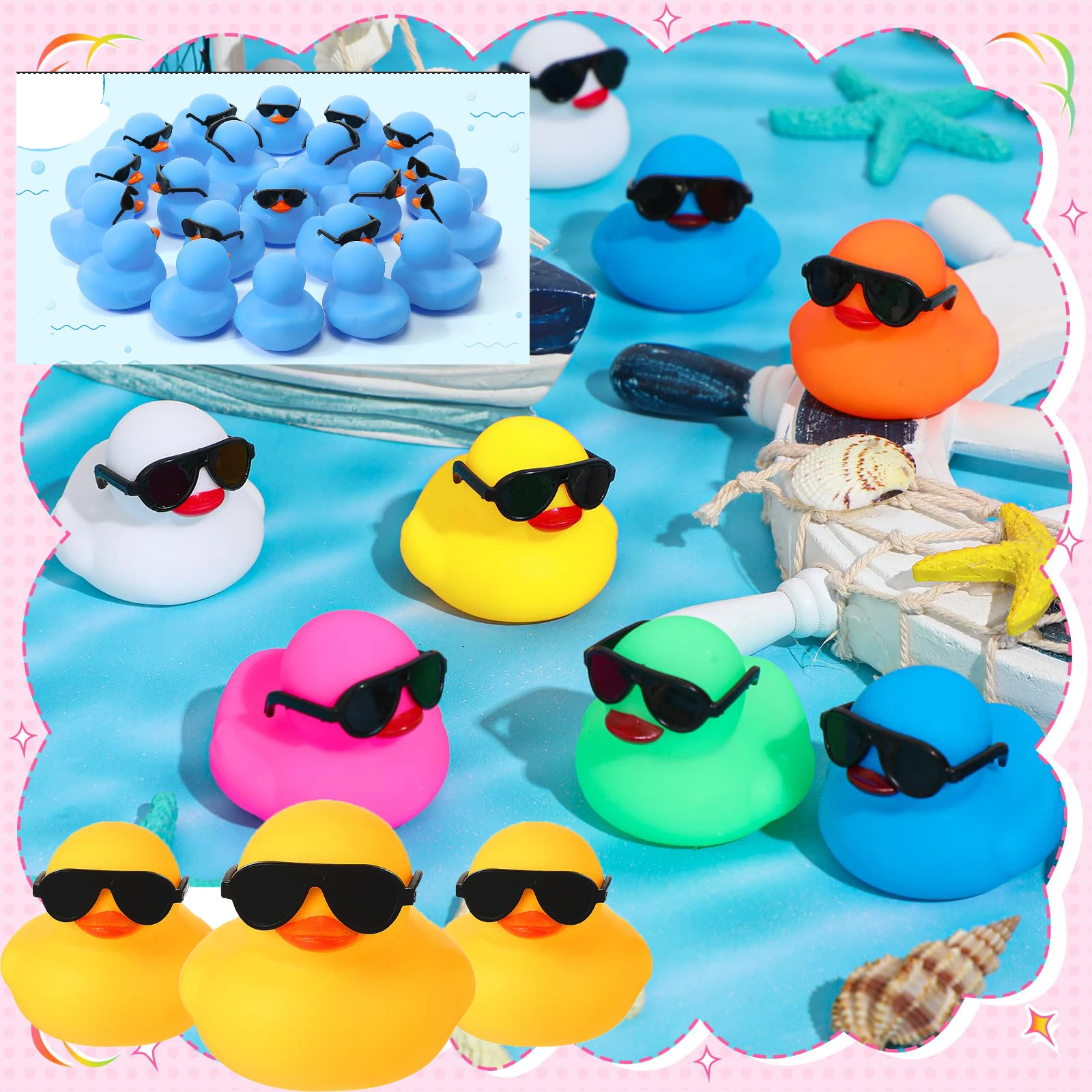 24pc Mini Rubber Ducks Pink with Sunglasses Sets Duck Toys Squeaky Rubber Ducks Cute Duckies for Little One Birthday Party