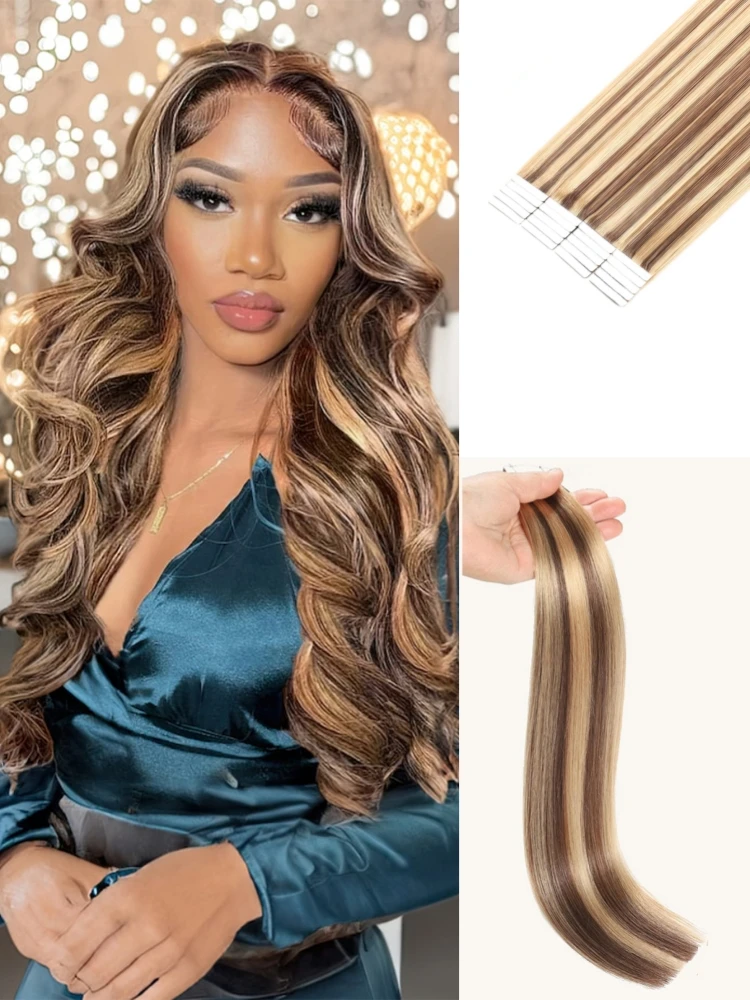 Tape in Hair Extensions Human Hair 22 Inch Invisible Tape Highlight Brown Blonde Straight Soft Real Human Hair for Women 20pcs