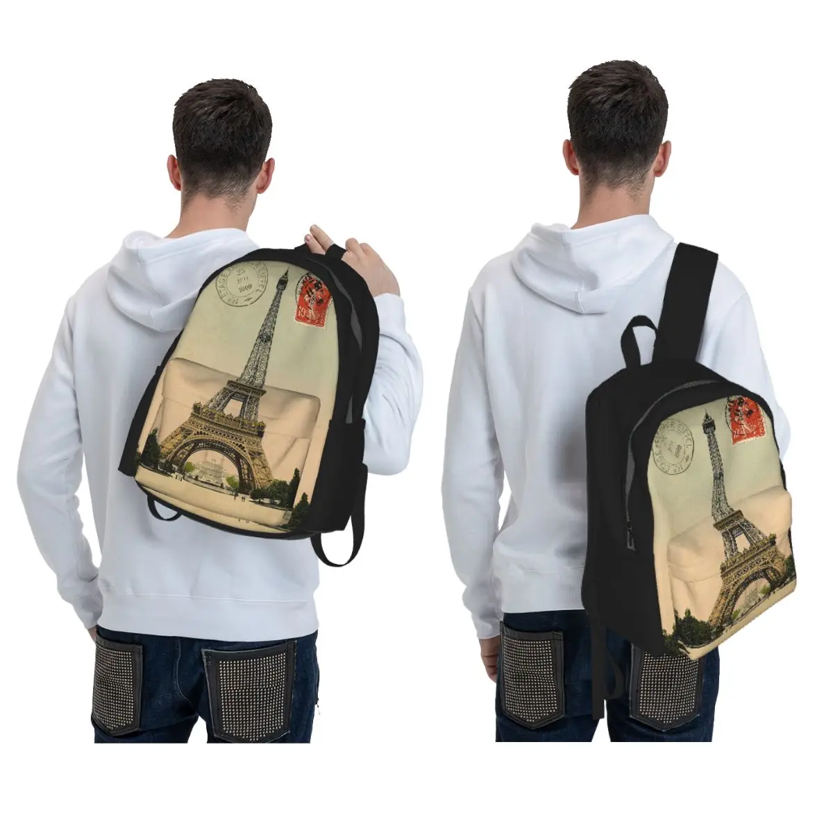 Eiffel Tower Vintage French Postcard Backpack Daypack Large Capacity Kids BookBag School Bag Shoulder Bags for Men Women