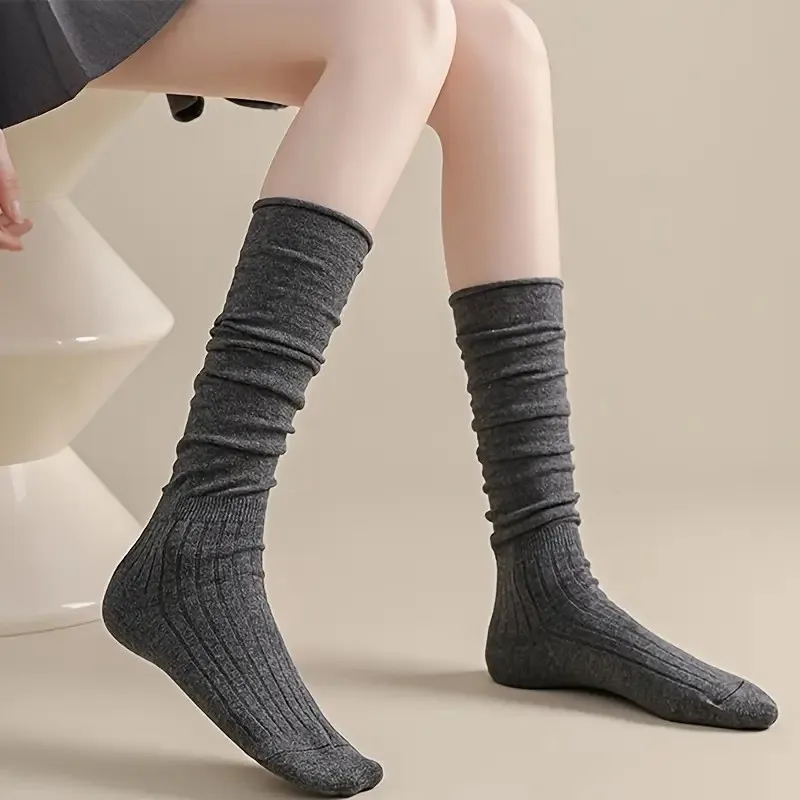 1/5 Paar elegante gerippte Damen einfarbige Wadensocken weich bequem modisch Frühling Herbst Freizeitstiefel Stapelsocken – Detail 7