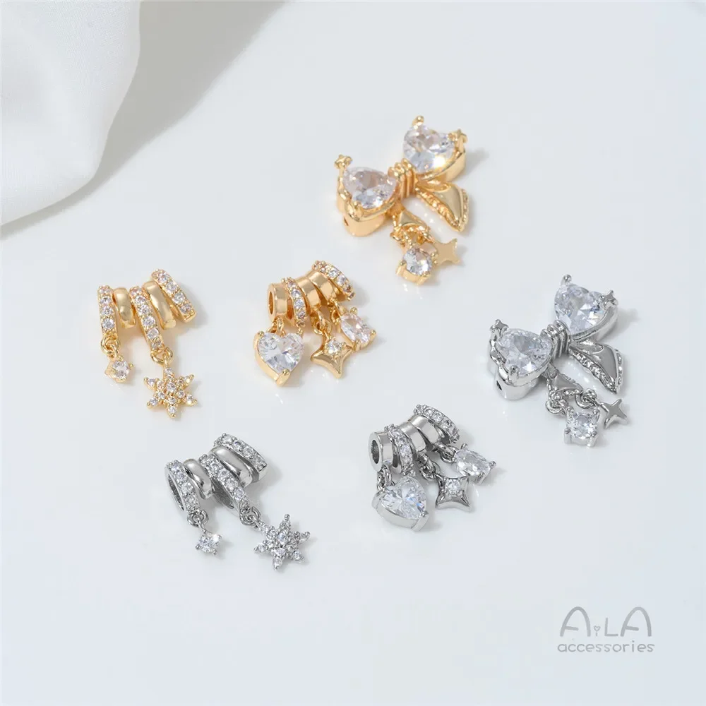

G907 14K Gold-plated and Zirconium-inlaid Bow Bead Accessory Snowflake Star Pendant Diy Pearl Crystal Jewelry Material