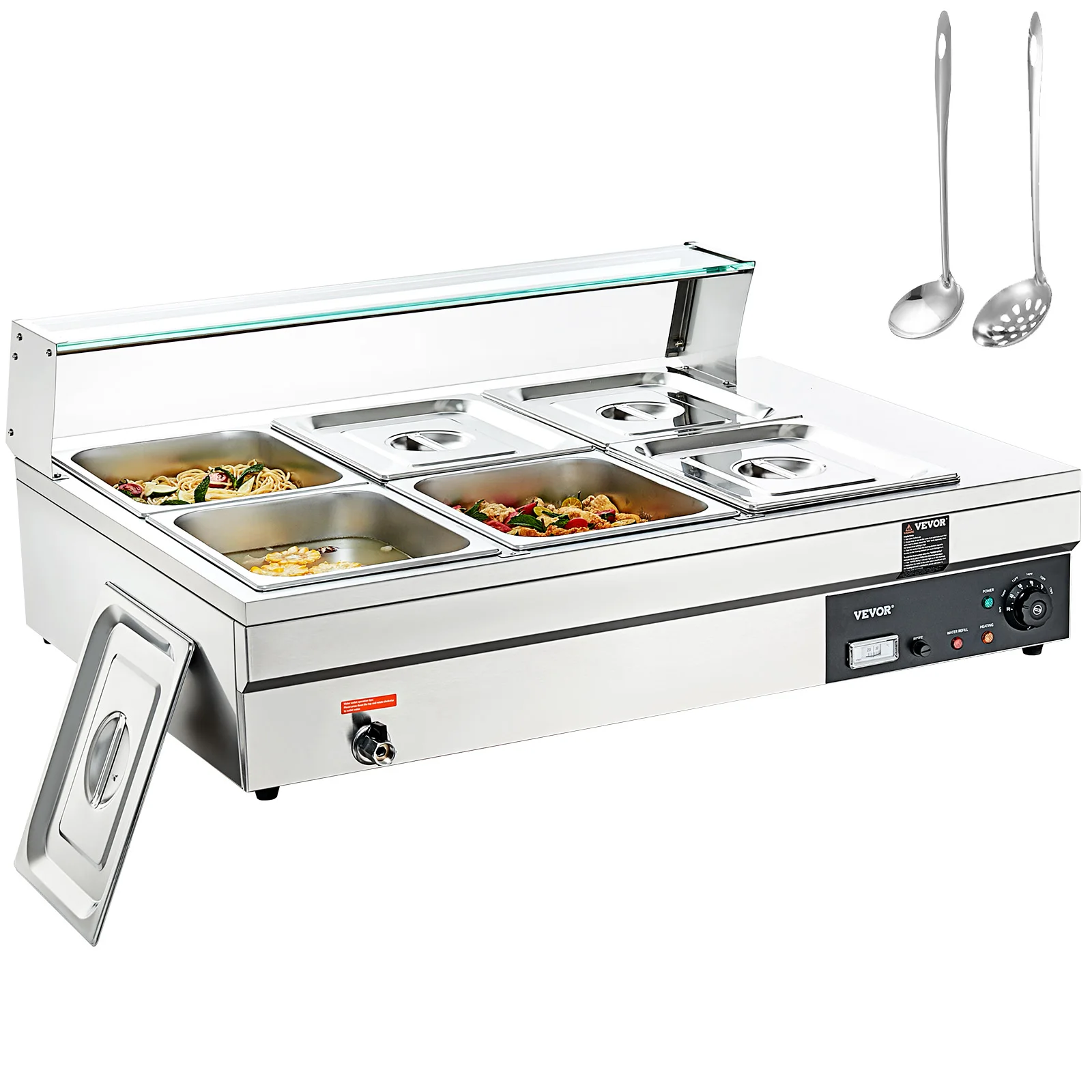 VEVOR 6-Pan Commercial Food Warmer, 6 x 12QT Electric Steam Table w/Tempered Glass Cover,1500W Stainless Steel Buffet Bain Marie