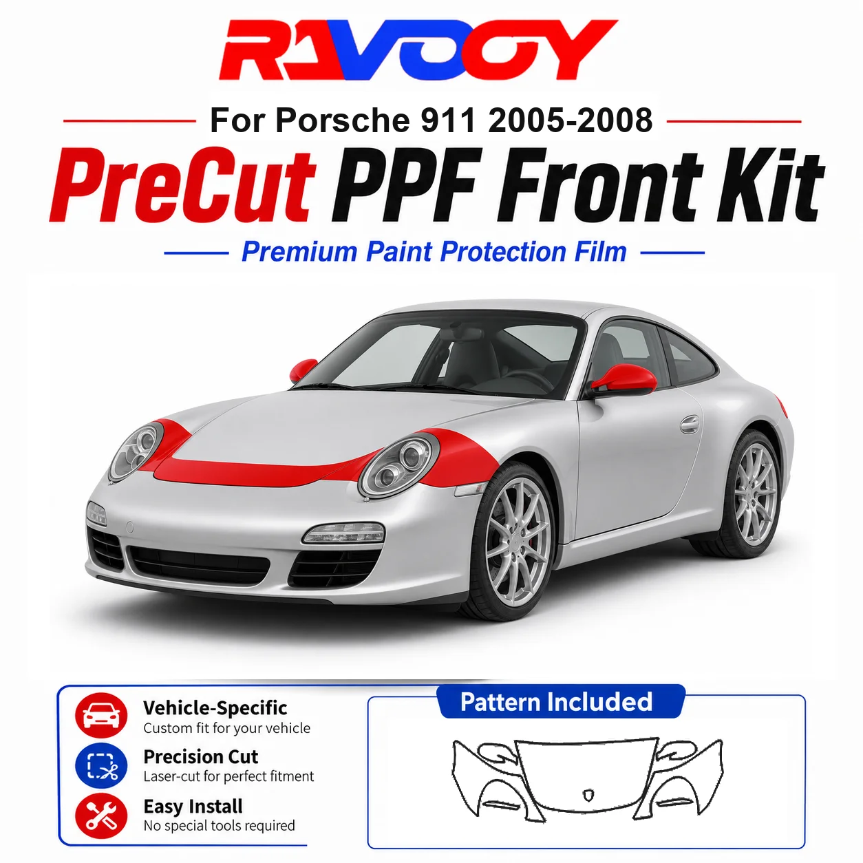

8.5mil TPU Precut PPF Kit For Porsche 911 2005-2008 - Hood, Fenders & Mirror Set - Self-Healing Clear Bra Film