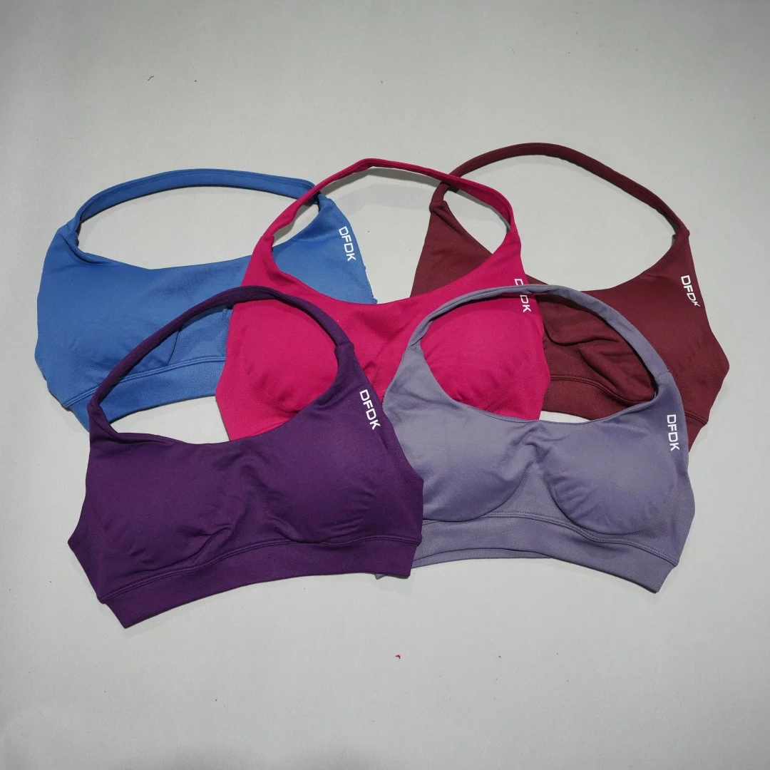 DFDK Ribbed Seamless Backless Camisole Sports Bra Push Up High Support Stretch Slim Fit Fitness Training Yoga Athletic Vest