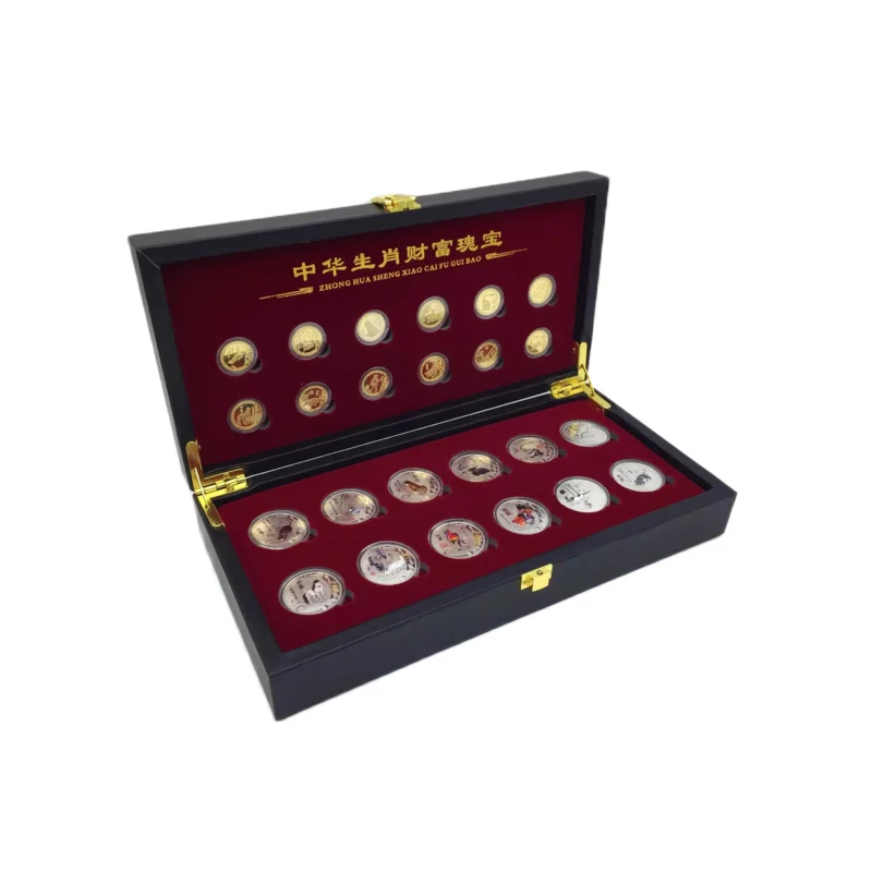 

Collection of 12 Gold Plated Coin Set Treasures of Qi Baishi's Chinese Zodiac Society Commemorative Medals