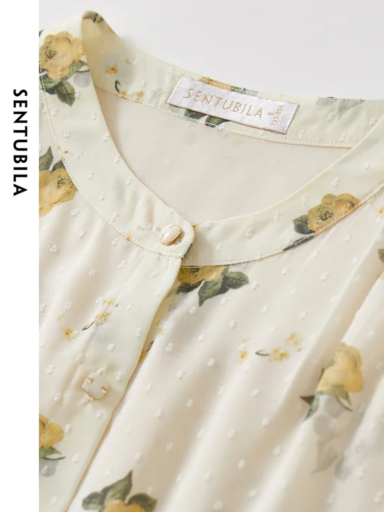 SENTUBILA Print Jacquard Shirt for Women 2024 Summer Chiffon O Neck Three Quarter Lanter Sleeve Comfort Wome Blouse 142V55496