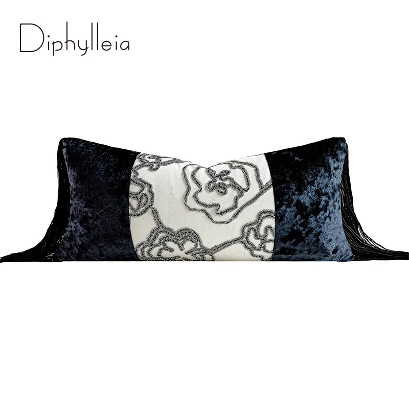 Diphylleia Luxury Artistic Floral Embroidered Bolster Cushion Cover With Tassel Personalized Exclusive Lumbar Pillowcase 30x60cm