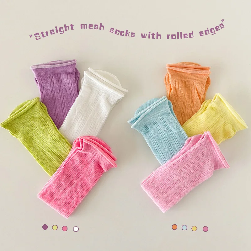 4 Pairs Little Girls Knee High Socks Seamless Cotton School Uniform Socks Plain Spring Summer Kids Knee Socks
