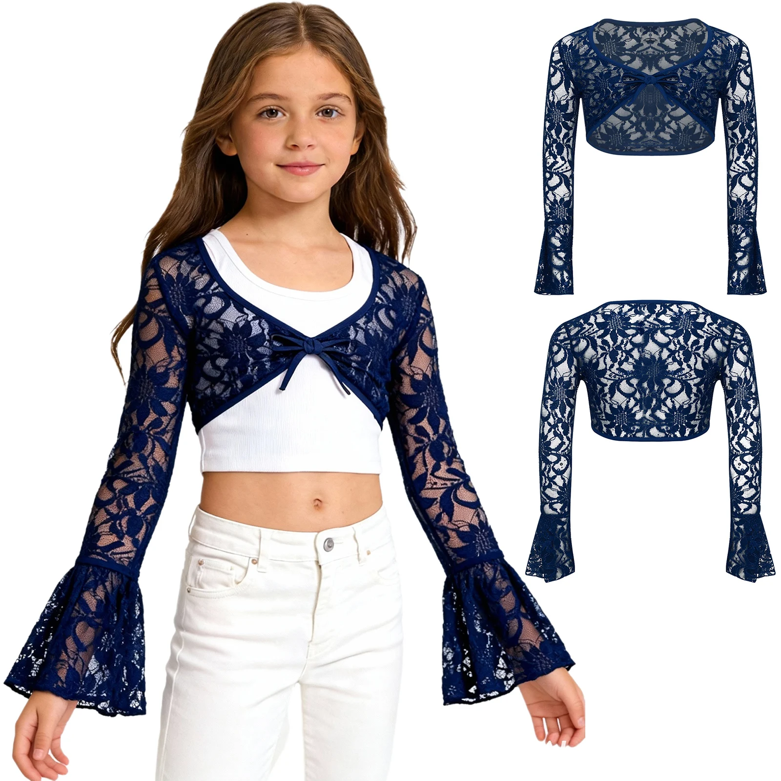 

Girls Floral Lace Ballet Dance Crop Tops Flare Long Sleeve Elegant Short Bolero Shrug Coat Yoga Dancing Class Training Costume