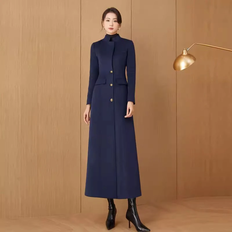 New Women Navy Blue Long Wool Blends Coat Autumn Winter Fashion Elegant Small Stand Collar Single Breasted Slim Woolen Overcoat