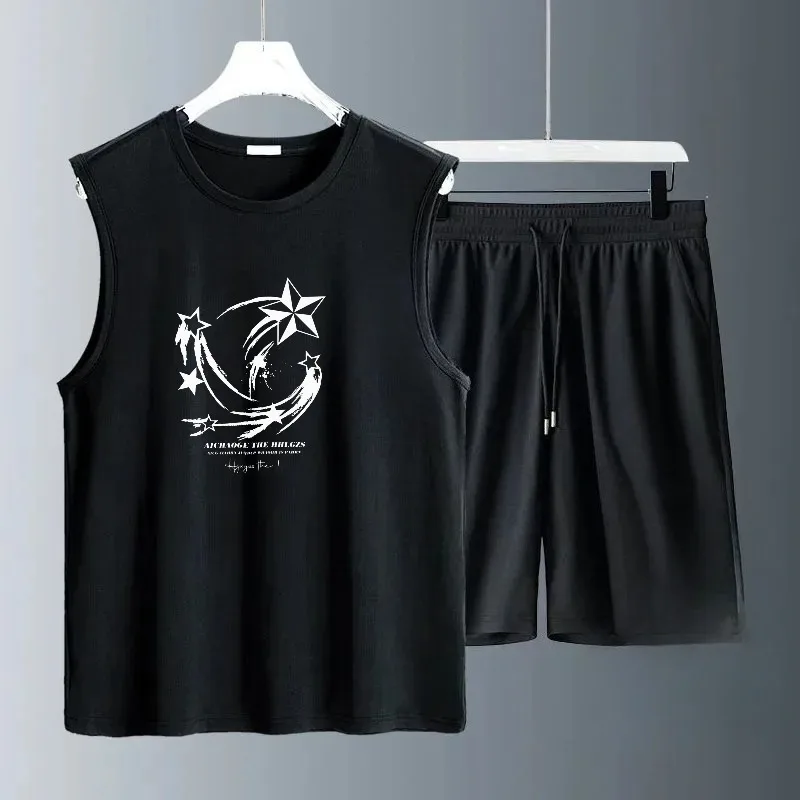 Thin Men Sets Oversized Sports Suit Sleeveless T Shirts + Shorts Pants Sports Vest Two-piece Set 2025 Summer  Sportswear Y2k Top