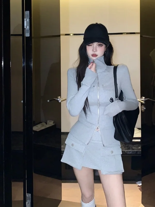 

Korean Style Fashionable Sweatshirt Jacket And Skirt Two-Piece Set Comfortable Breathable High Waist Zipper Closure