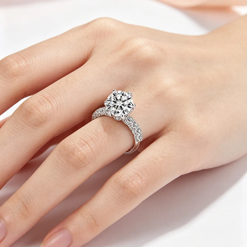 Tezzc 2CT D Color Moissanite Ring 925 Silver Full Pave Side Stones Luxury Wedding Engagement Ring for Women Jewelry Dropshipping