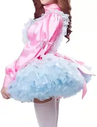 Sissy Girly blue-pink sexy maid cosplay costume